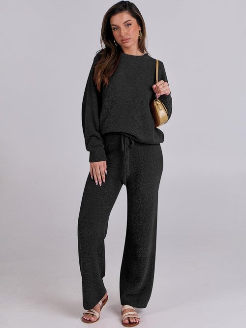 ANRABESS Women's Fuzzy Fleece Pajama Set - Cozy Long Sleeve Top & Wide Leg Pants | Fall/Winter 2025