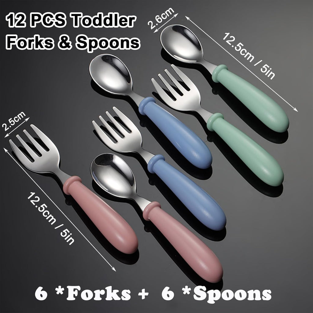 Skiennix Toddler Utensils Set - 12-Piece Stainless Steel Forks & Spoons | Dishwasher Safe Silverware
