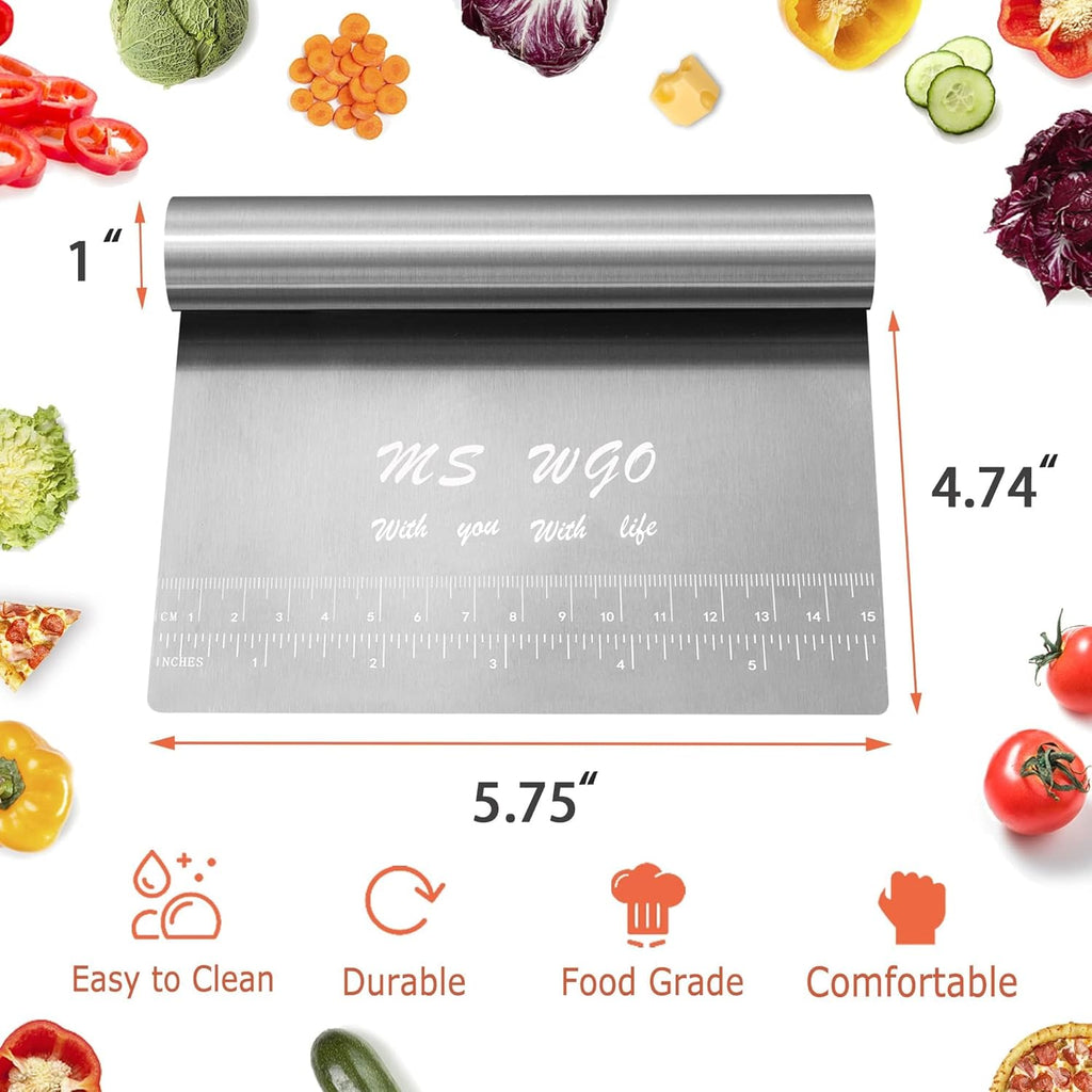 Pro Dough Pastry Scraper - Stainless Steel Mirror Polished Cutter with Measuring Scale | Multi-Purpose Kitchen Tool