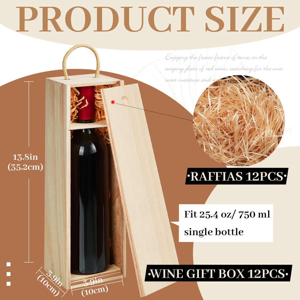 Suzile 12 Pcs Wooden Wine Bottle Gift Box Set, Single Bottle Holder with Twine Handle & Raffia DIY Gift Wooden Box for Wedding Easter Groomsmen, Fits Standard 750ml Wine, 13.8x3.9x3.9in (Light Brown)