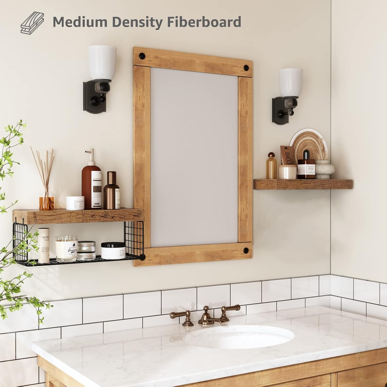 QEEIG Bathroom Shelves | Over Toilet Wall-Mounted Floating Shelves - Rustic Brown, 16 Inch Set of 2