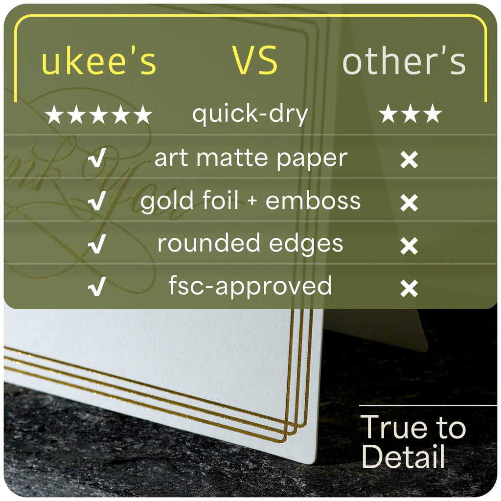 ukee's Thank You Cards with Envelopes 100-Pack, Blank Inside 4-Color Embossed Gold Foil Script Thank You Notes with Matching Stickers, for Small Business Graduation Wedding Baby Shower Funeral, 3.5"x 5"