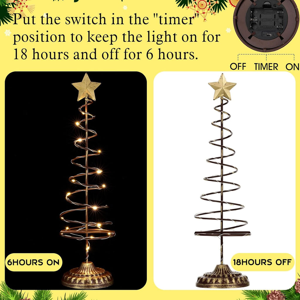 Skiennix Lighted Christmas Tree Table Decoration - Prelit Mini Xmas Tree with Golden Star | Battery Operated, Spiral Design