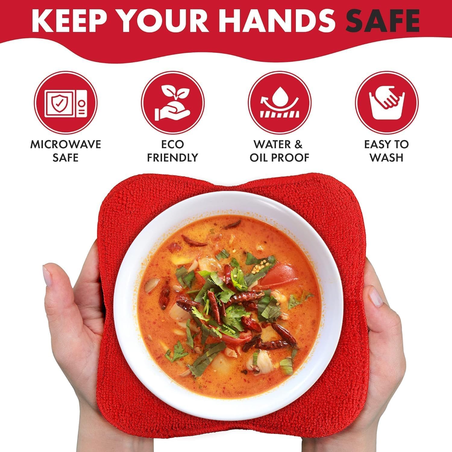 Microwave Bowl Cozies Warmers Food Microfiber Heat Resistant Food Warmer Set Microwave Safe Hot and Cold Bowls Holder Without Burning Your Hands Set of 4 Microwave Bowl Holders (Red)