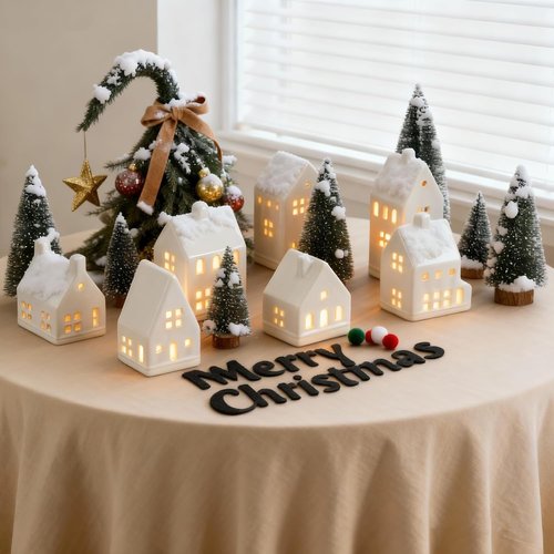 Christmas Village Set - 7 White Ceramic Houses with Remote LED Tea Lights & 8 Mini Trees | Farmhouse Holiday Decor