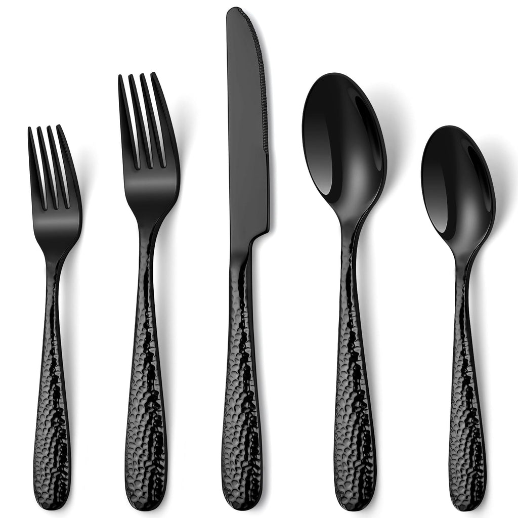 Hammered Black Silverware Set, EUIRIO 30-Piece Cutlery Set for 6, Heavy Duty Stainless Steel Flatware Set, Food-Grade Utensil Sets Includes Spoons Forks and Knives, Mirror Finish Dishwasher Safe