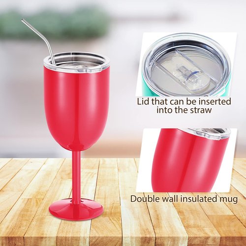 Gerrii 6 Sets Stemmed Stainless Steel Wine Glass with Lid and Straw 10 oz Unbreakable Metal Glass Cups Double Walled Vacuum Insulated Wine Tumbler, Gifts for Women Friends Birthdays Weddings, 6 Colors