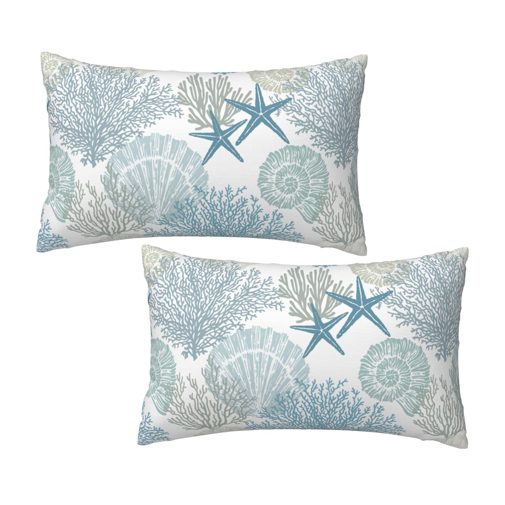 Tebjh Nautical Coastal Throw Pillow Covers 12x20 Set of 2, Beach Themed Ocean Seashell Coral Starfish Couch Lumbar Pillow Cover Outdoor Sofa Cushion Cover for Bedroom Living Room