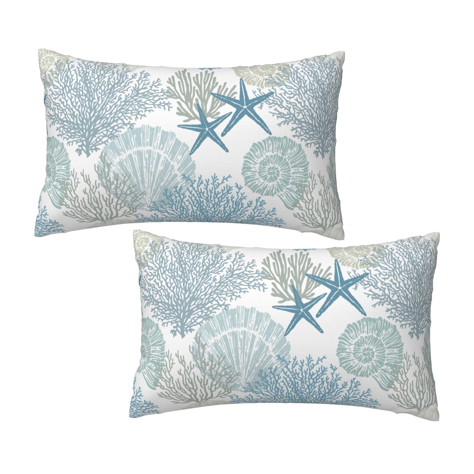Tebjh Nautical Coastal Throw Pillow Covers 12x20 Set of 2, Beach Themed Ocean Seashell Coral Starfish Couch Lumbar Pillow Cover Outdoor Sofa Cushion Cover for Bedroom Living Room