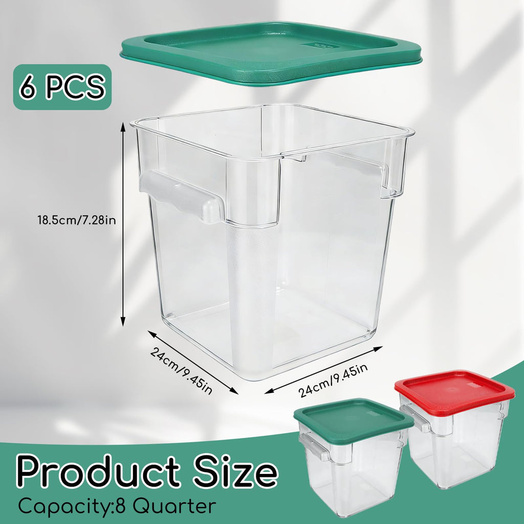 6-Pack 8 Quart Food Storage Container with Lid, Commercial Grade Square Polycarbonate 8 Qt Container with Lid, Handles & Measurement Scales, Airtight Stackable for Kitchen, Restaurant & Home Use