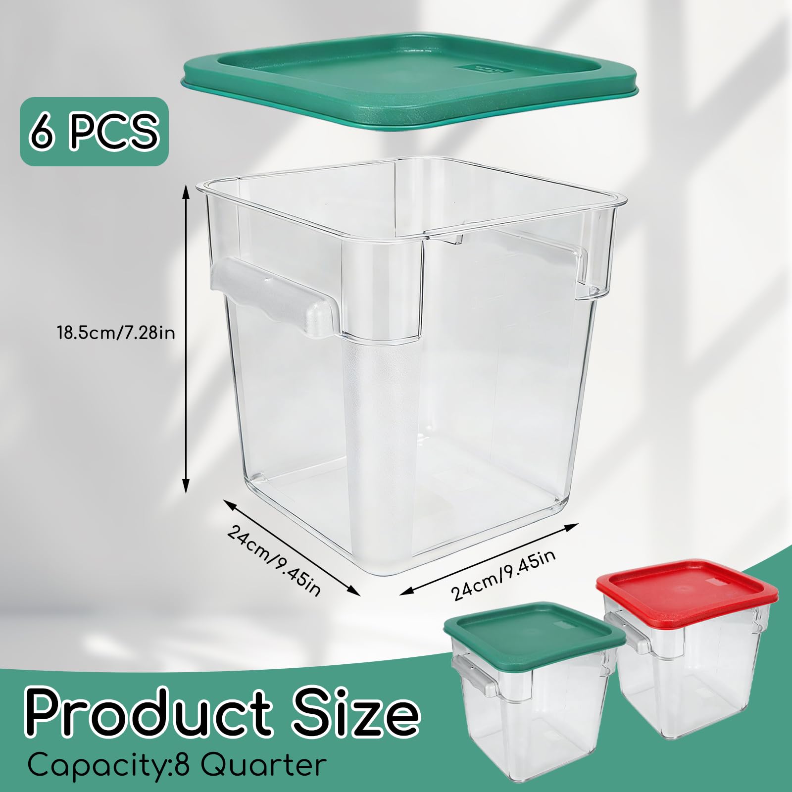 6-Pack 8 Quart Food Storage Container with Lid, Commercial Grade Square Polycarbonate 8 Qt Container with Lid, Handles & Measurement Scales, Airtight Stackable for Kitchen, Restaurant & Home Use