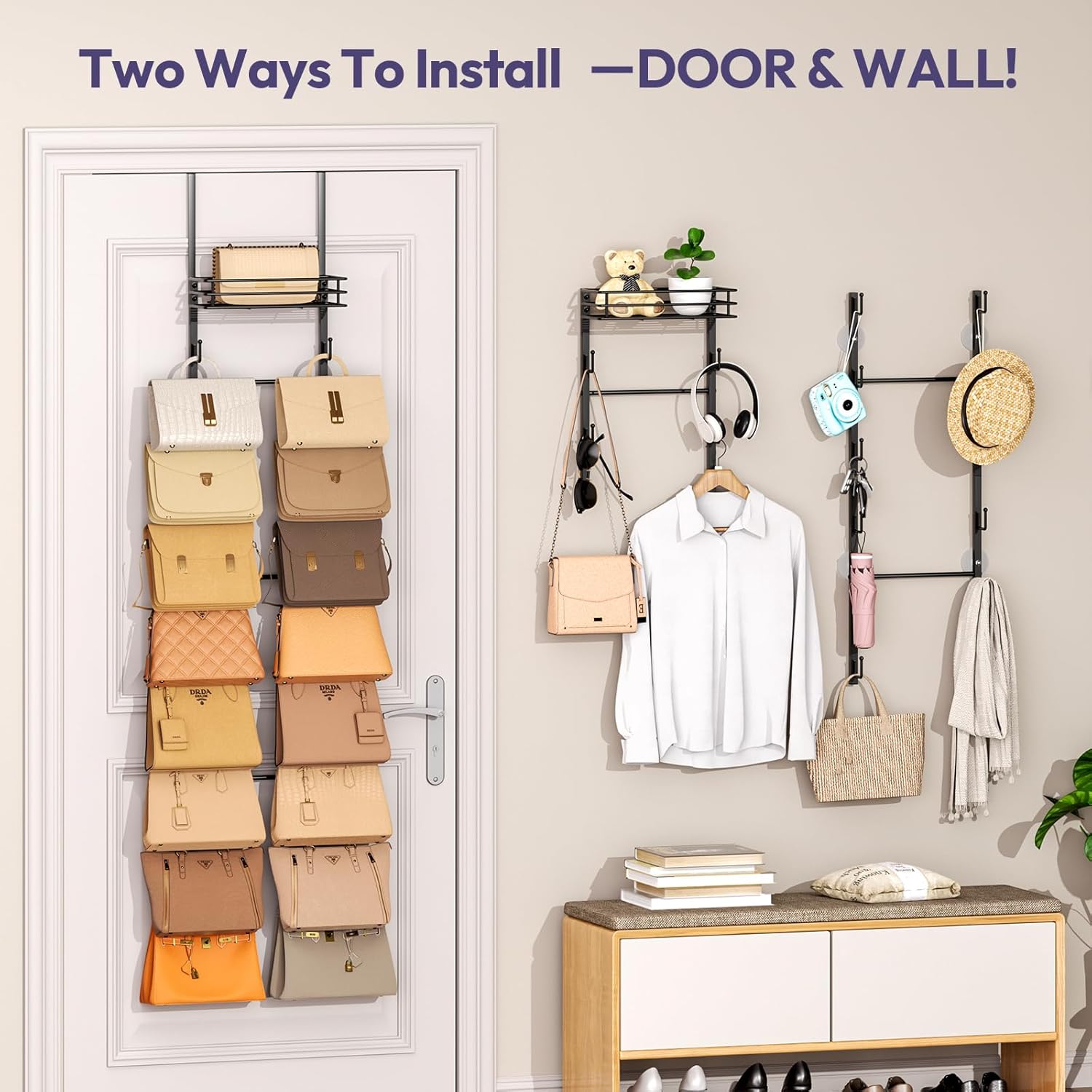 SWTYMIKI Over The Door Purse Organizer - Wall-Mounted Handbag Storage Rack with 16 Hooks & Metal Basket