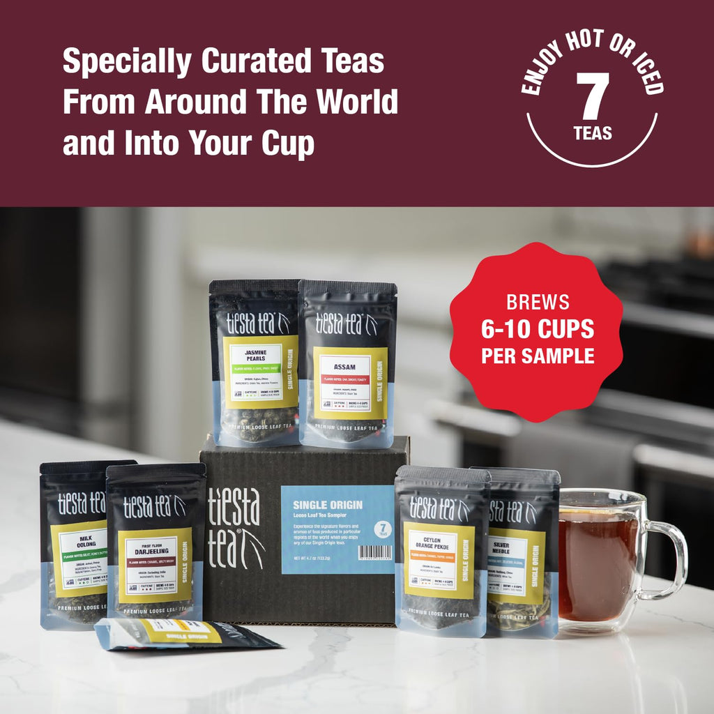 Tiesta Tea - Single Origin Tea Sampler Dry Flight Set, Mother's Day Loose Leaf, High to Low Caffeine, Makes Hot & Iced, Assorted Brew Sets with Green, White, Black & Oolong, 7 Sample Pouches