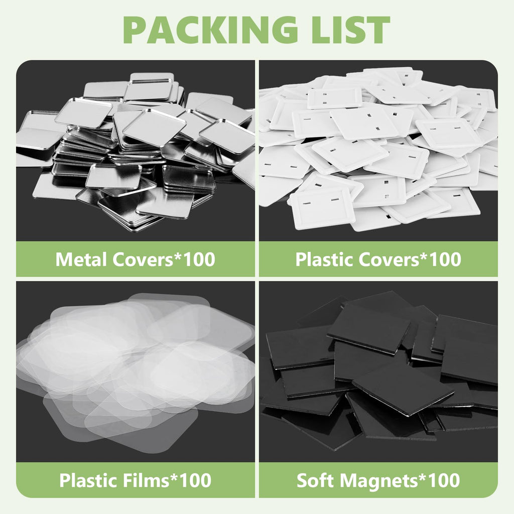 100 Sets 50mm Square Magnets Supplies 1.97 Fridge Magnet Maker Supplies DIY Fridge Magnets Making Set for Square Magnets Maker, Including Metal Cover, Mylar, Plastic Back Cover&Soft Magnet