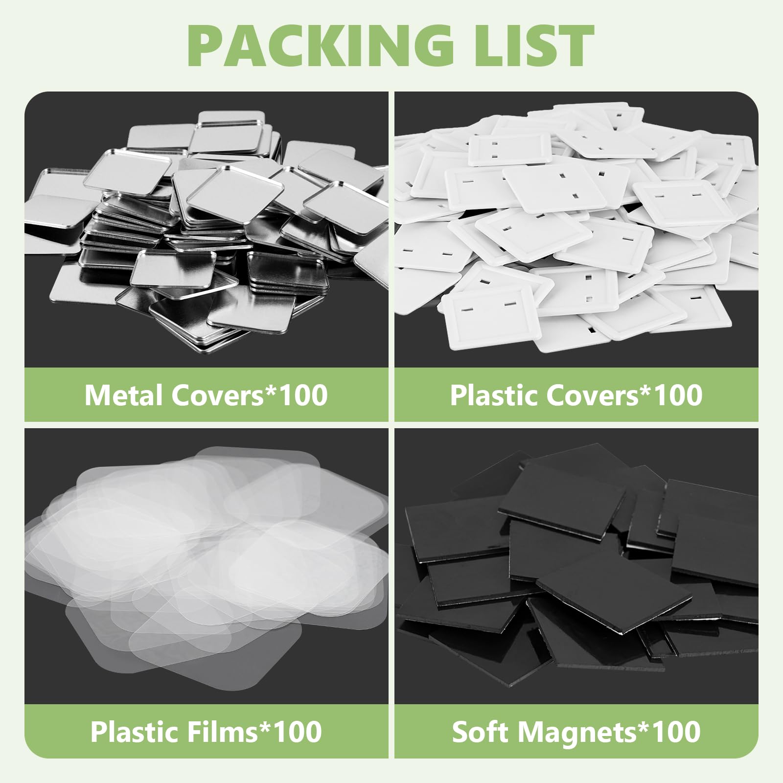 100 Sets 50mm Square Magnets Supplies 1.97 Fridge Magnet Maker Supplies DIY Fridge Magnets Making Set for Square Magnets Maker, Including Metal Cover, Mylar, Plastic Back Cover&Soft Magnet