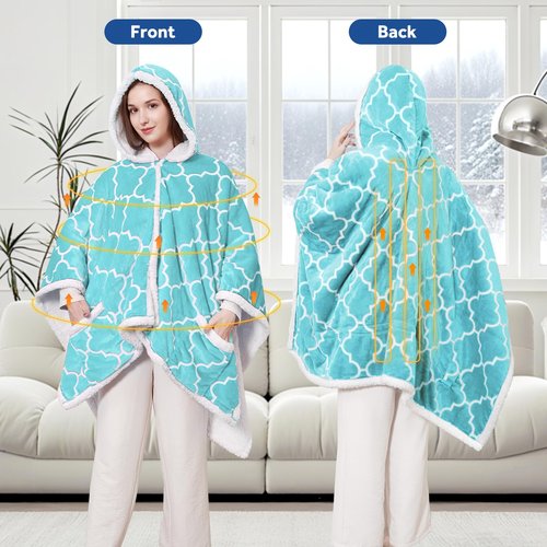 Sealy Wearable Heated Throw Blanket, Flannel & Sherpa Electric Throw Shawl Poncho with Hoodie & Pocket, 6 Heating Levels & 2-10 Hours Auto Shut Off, Machine Washable, 50x60 Inch, Light Blue