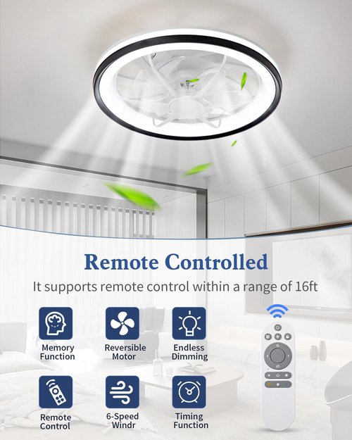 Kwinmyso 18.9" Modern Ceiling Fan with Light and Remote Control,Flush Mount Low Profile Dimmable Ceiling Fan,Stepless Dimming Light and 6 Speeds Fan-826 Black