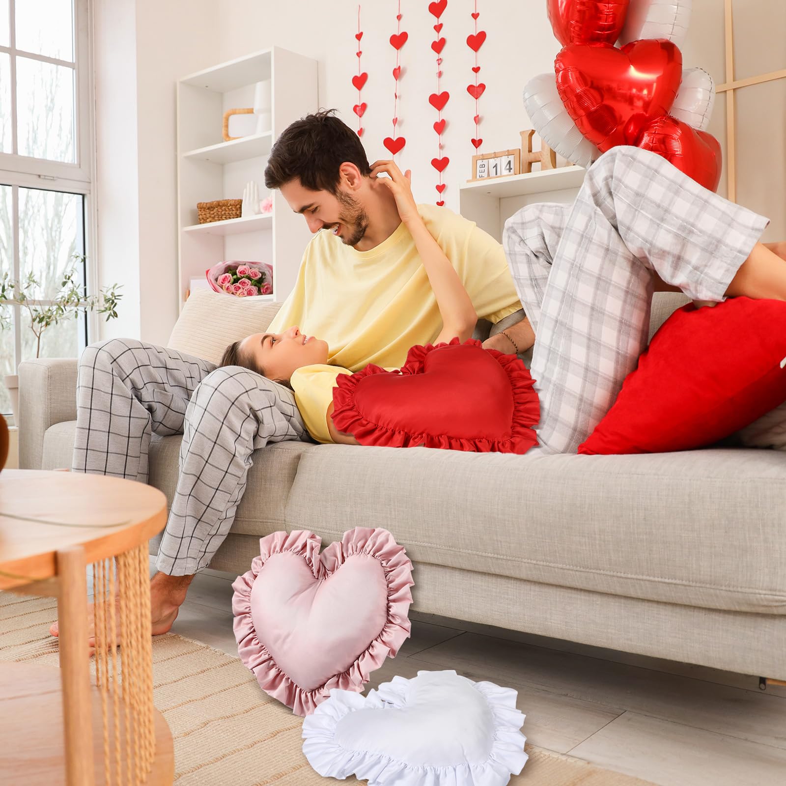 Tingjoo Heart Shaped Throw Pillow Set of 3, Ruffle Valentine's Day Pillows for Couch Sofa Bed, Red Pink White Love Decorative Plush Cushions, Cute Romantic Anniversary Home Decor, Gift for Her