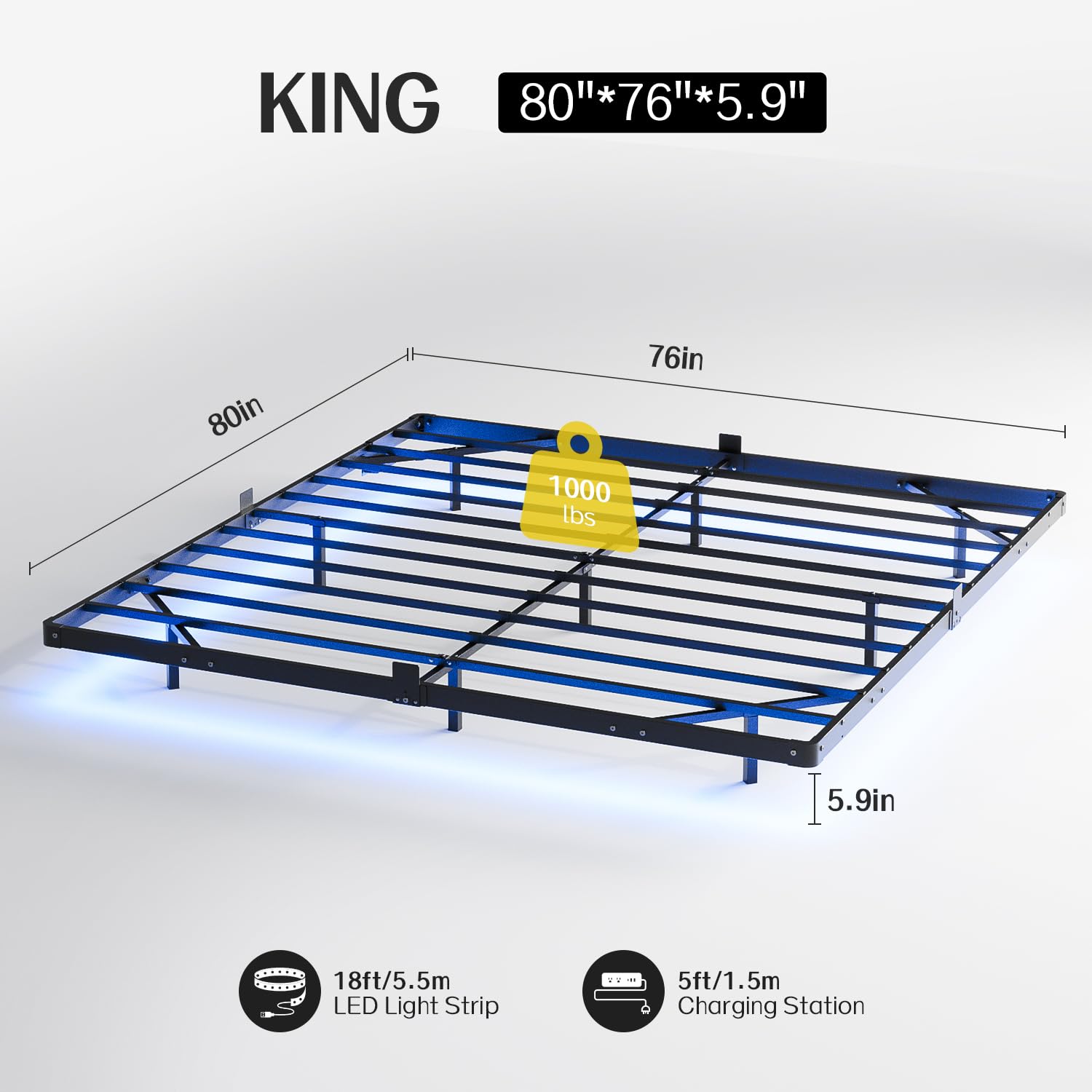 Liians King Size Floating Bed Frame with Smart LED Lights and USB Charging Station, Modern Sturdy Metal Platform, Noise Free, No Box Spring Needed Easy Assembly