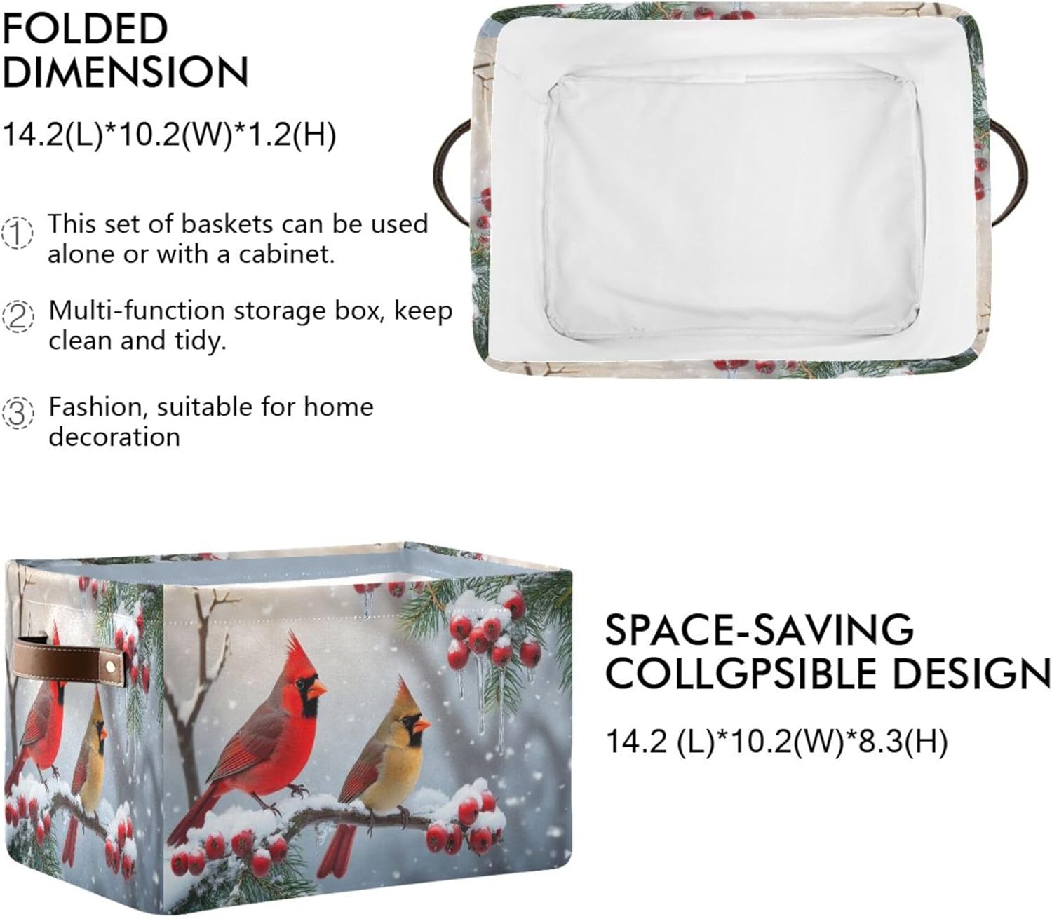 Winter Cardinal Birds Fabric Laundry Basket - Christmas Storage Organizer for Toys, Books & More | 16x12x8