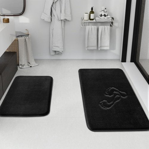 HUXMEYSON Non-Slip Bathroom Rug Set - Ultra Soft Velvet, Quick Dry, 2-Piece in Black