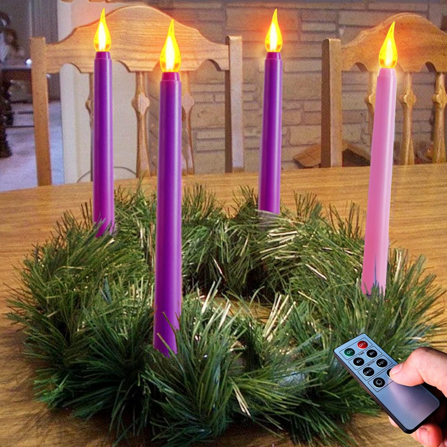 Regine Switzerland Flameless Taper Candles - Set of 4 Battery Operated, Flickering Purple & Pink for Home Decor