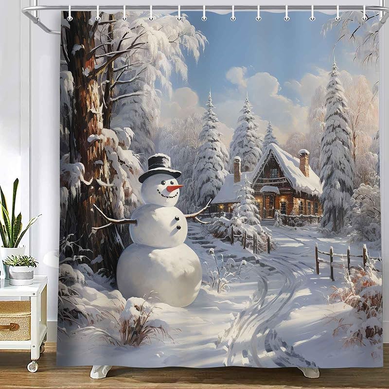 Christmas Snowman Shower Curtain Grey - 71 x 71 in Waterproof Polyester Bath Decor