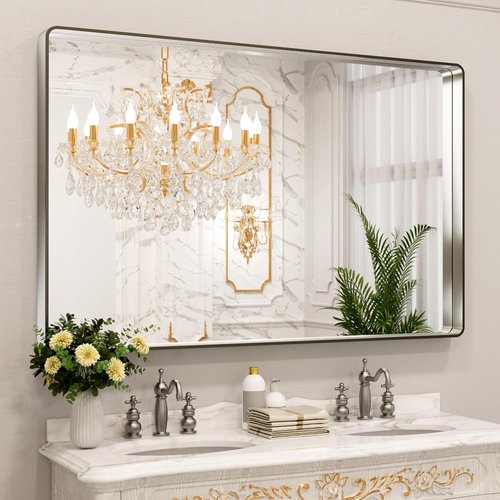 LOAAO Brushed Nickel Bathroom Mirror - 60X40 Inch Rounded Rectangle Design | Anti-Rust & Shatter-Proof