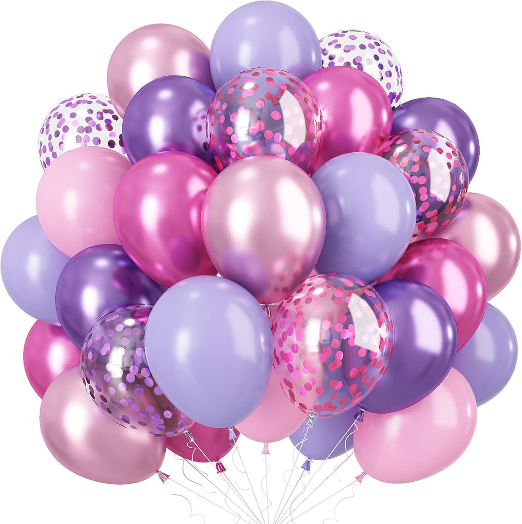 Regine Switzerland 60 Pcs Pastel Metallic Balloons - Pink & Purple Confetti for Birthday & Bridal Showers