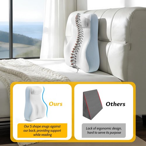 Ergonomic S Curve Reading Pillow for Sitting in Bed Adult- Back Pillow for Bed Sitting up with Adjustable Headrest- Memory Foam White, Blue