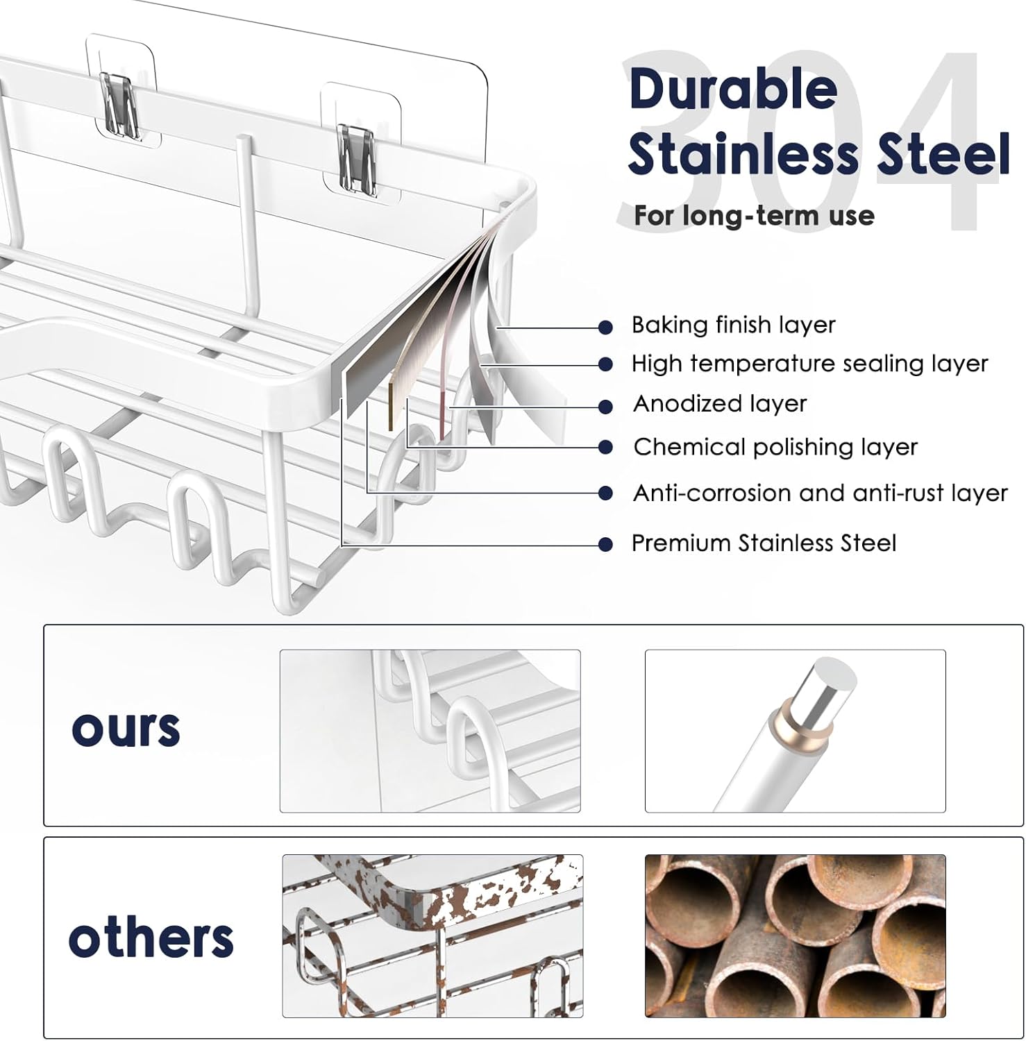 NESOMI Shower Caddy - Rustproof Stainless Steel Organizer with Large Capacity | 7-Pack No-Drill Storage Solutions