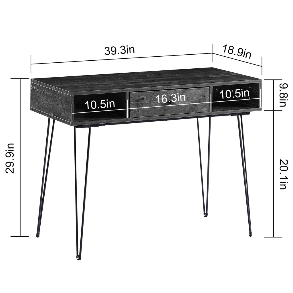 VECELO 39.3" Home Office Work Table with Drawers,Computer Desk with Hairpin Leg for Writing/Study,Charcoal Grey