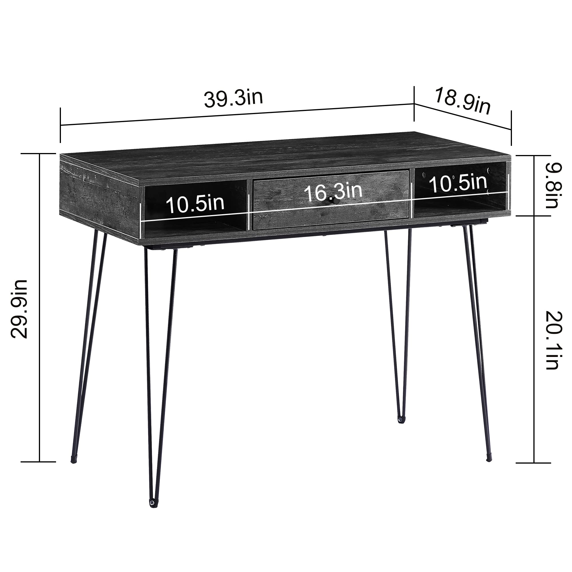 VECELO 39.3" Home Office Work Table with Drawers,Computer Desk with Hairpin Leg for Writing/Study,Charcoal Grey