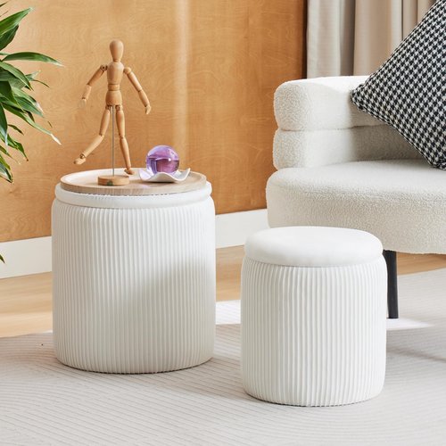BLEXA Round Ottoman with Storage Set of 2-Upholstered Velvet Vanity Stool for MakeupMultifunctional Ottomans Coffee Table Padded Seat Foot Rest for Living Room&Bedroom(White-Upgrade Tray Lid)