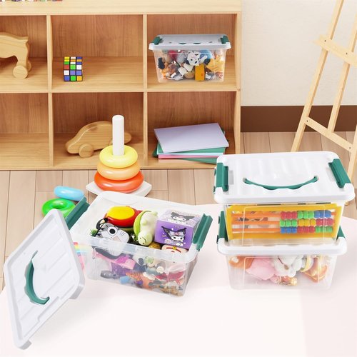 Eslite 6 Quart Clear Plastic Stackable Storage Bins - Latching Box with Handle & Lid, Pack of 6 (Green Handle)