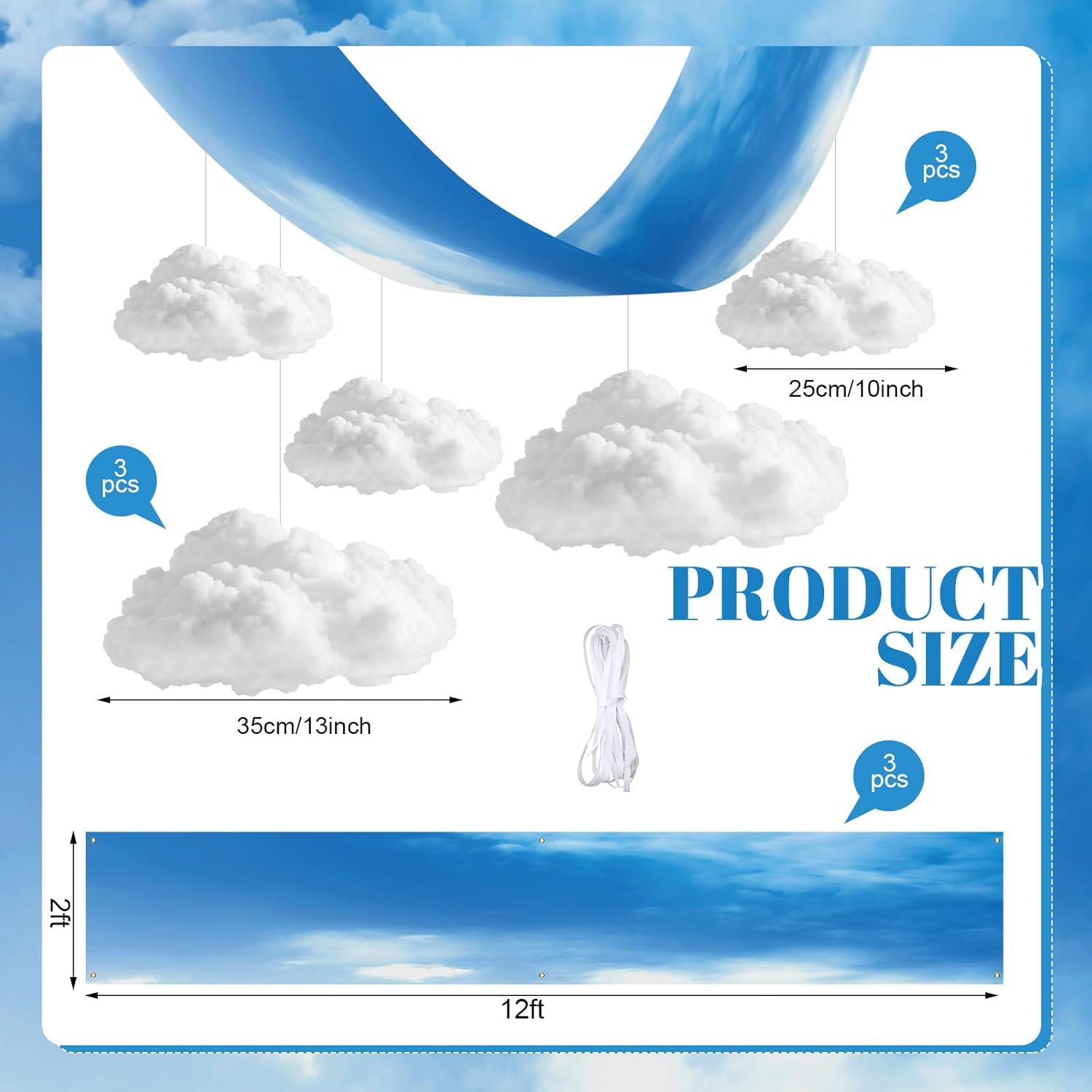 VioraWhite 9 Pcs Blue Sky White Cloud Ceiling Decor - 12x2 Ft Fluorescent Light Covers & 3D Cloud Props