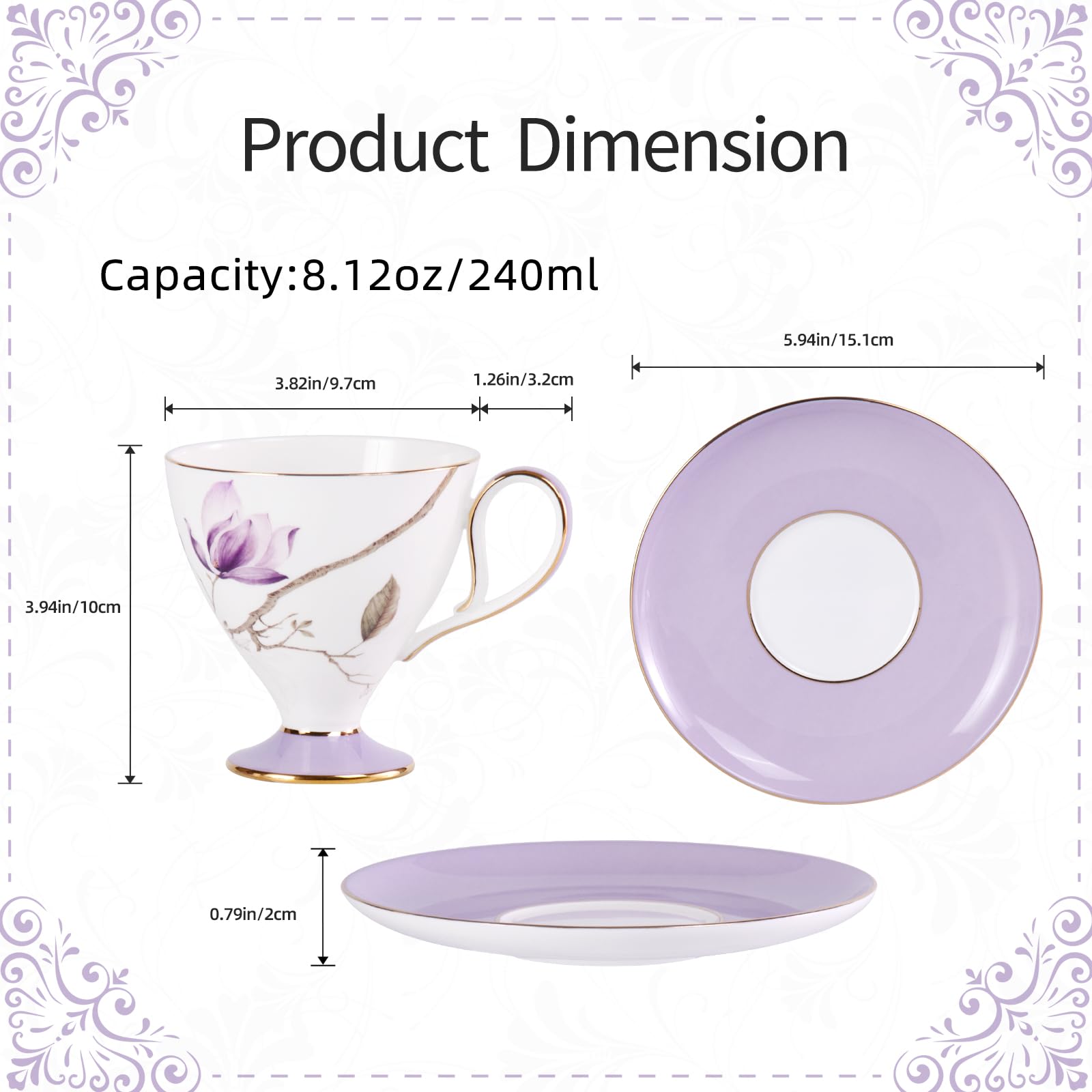 KAMMAK Ceramic Coffee Cups Saucers Set of 2, Porcelain Espresso Cups with Saucers, 8.12 oz Handcrafted Elegant Bone China Tea Cups, Purple Hibiscus & Iris Flower Pattern Teacup for Party, Office, Gift