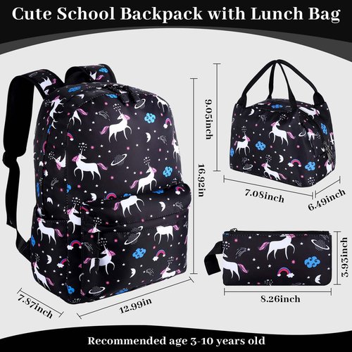 SCIONE Cute School Backpack for Girls, Teens School Bag with USB Charging Port Water-Resistant Black Canvas Bookbag, Preschool Daypack Elementary BackBag, Back to Shool Supplies Gifts for Kids