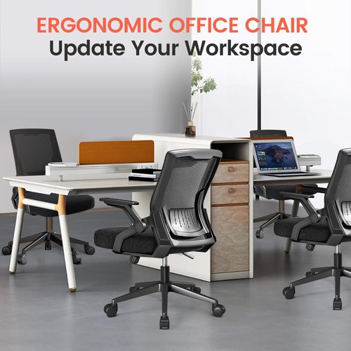 GTPLAYER Ergonomic Office Chair with Flip-up Armrests Executive Computer Chair for Home Office, Breathable Mesh & Comfy Lumbar Support, Black