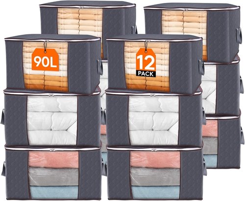 Lifewit Large Capacity Clothes Storage Bag - Reinforced Handle & Clear Window | 90L, Grey, 12 Pack