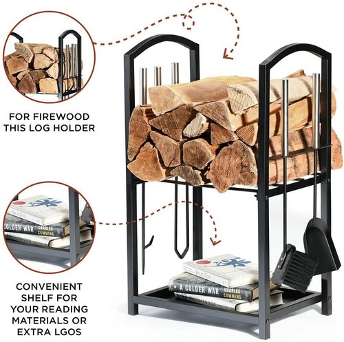 HOME IT Firewood Rack - 2-Tier Indoor/Outdoor Log Holder with Fireplace Tools Set | Waterproof Steel, Black - 17x12x29