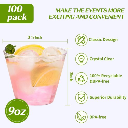 RACETOP 9 oz Clear Disposable Plastic Cups 100 Pack, Clear Plastic Cups Tumblers, Heavy-duty Party Glasses, Disposable Cups