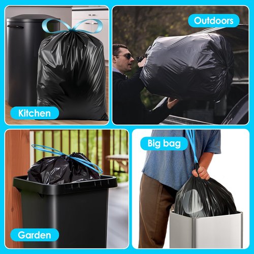 Teivio 20 Gallon 60 Counts (fit 18-20 Gal) Large Drawstring Trash Bags Strong Tall Kitchen Compactor Bags Garbage Bags for Home/Office/Light Residential Waste/Outdoor Trash Can, Lawn，Black Trash