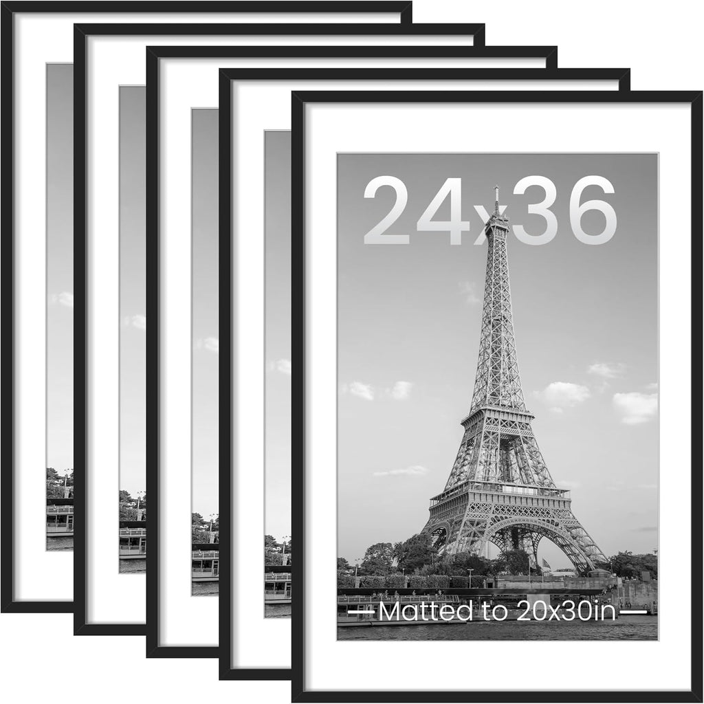 Upsimples 24x36 Picture Frame Set of 5 - Versatile Black Frames for 20x30 or 24x36 Photos