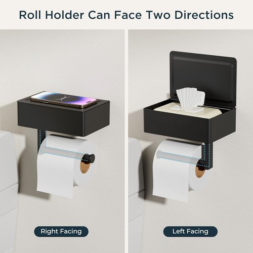 FORIOUS Toilet Paper Holder - Wall-Mounted Storage with Shelf & Tampon Receptacle - Matte Black