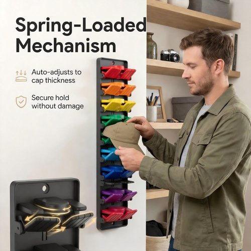 JBD Multicolor Hat Organizer - Wall Mounted Rack Holds 20 Baseball Caps | Innovative Auto-Grip Clips for Damage-Free Storage