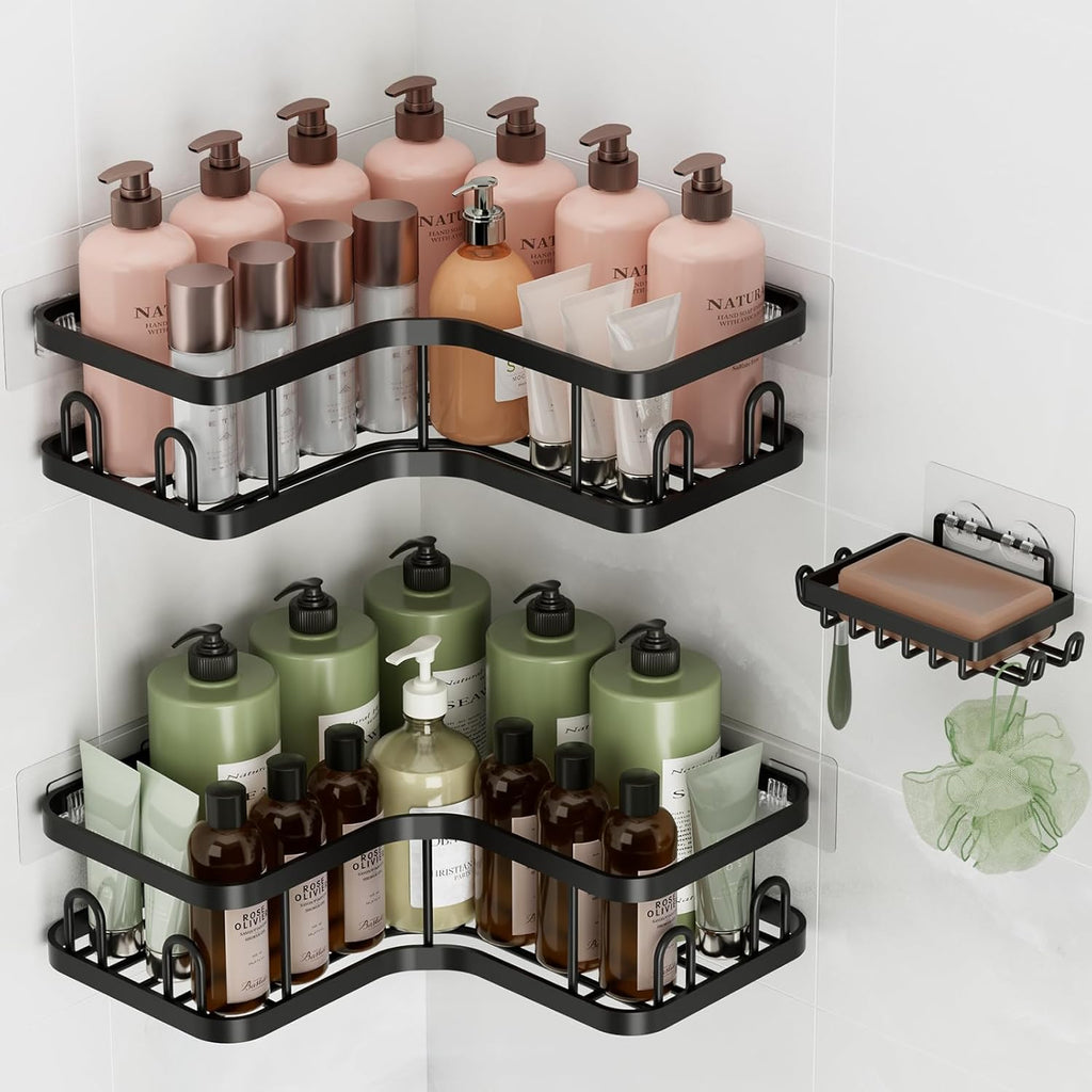Veken Corner Shower Caddy 3-Pack - Adhesive, Rustproof & Waterproof Bathroom Organizers | Black