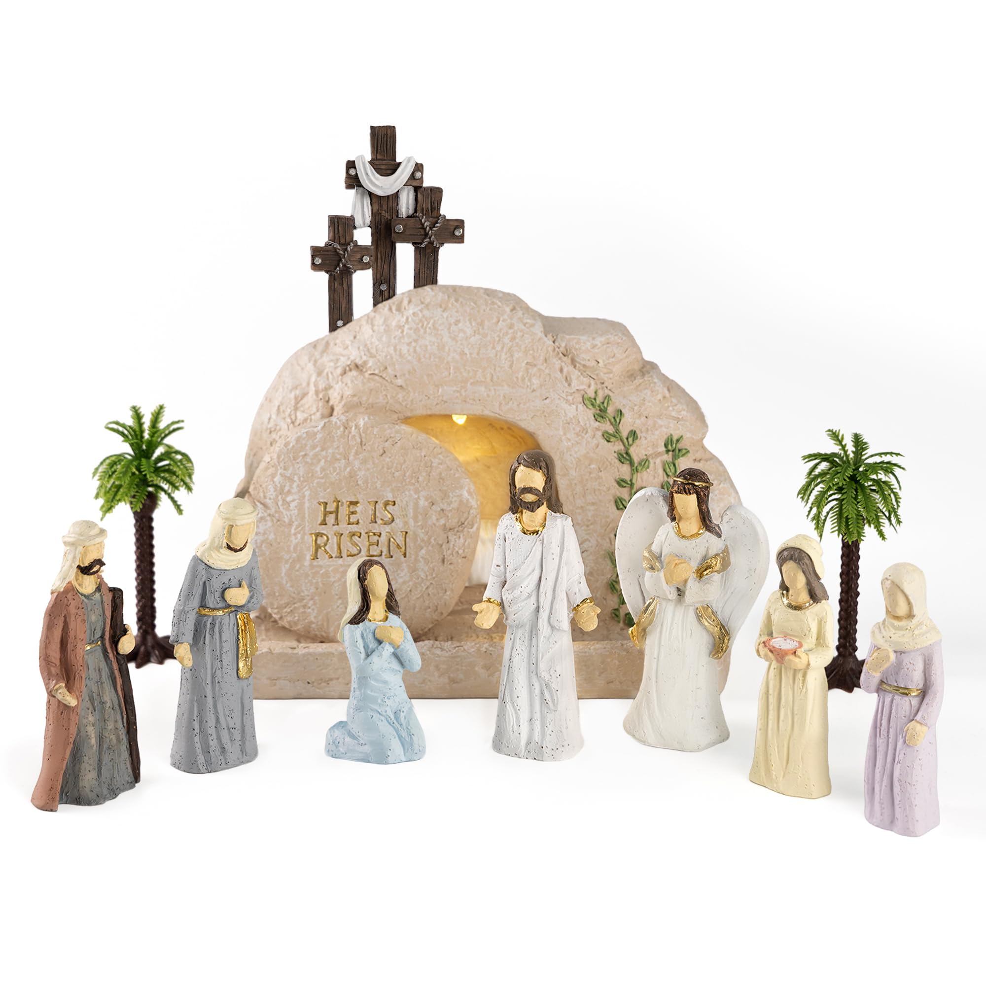 Easter Decorations for Home – 11 Pieces LED Resurrection Scene Set with Empty Tomb & Cross Shaped Resin Table Decor, Jesus Statue Set, Christian Easter Table Decorations & Mantel Decorations