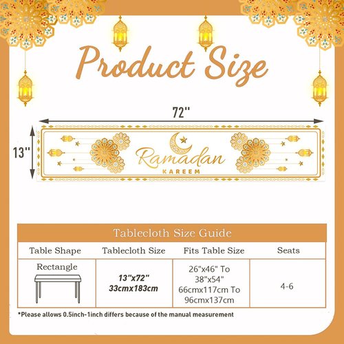 Eid Mubarak Table Runner Decorations,White and Gold Ramadan Mosque Lattern Happy Holiday Kitchen Dining Table Decor for Home Party Supplies 13 x 72 Inch
