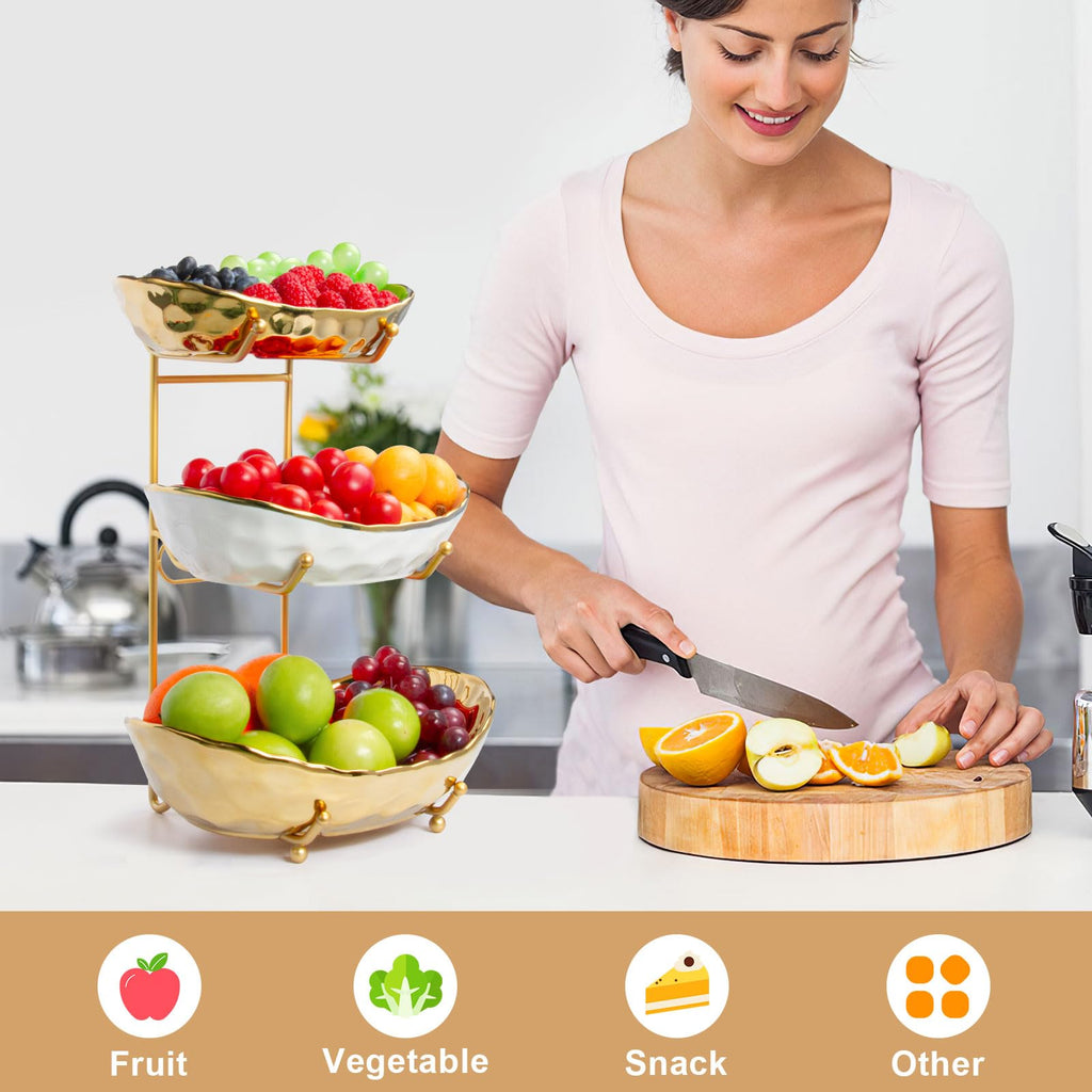 LIJINGCHEN 3 Tier Fruit Basket for Kitchen Counter, Modern Ceramic Fruit Bowl with Gold Metal Stand, Tiered Fruit Tray for Countertop, Snacks, Nuts, Cakes, Desserts, Candy